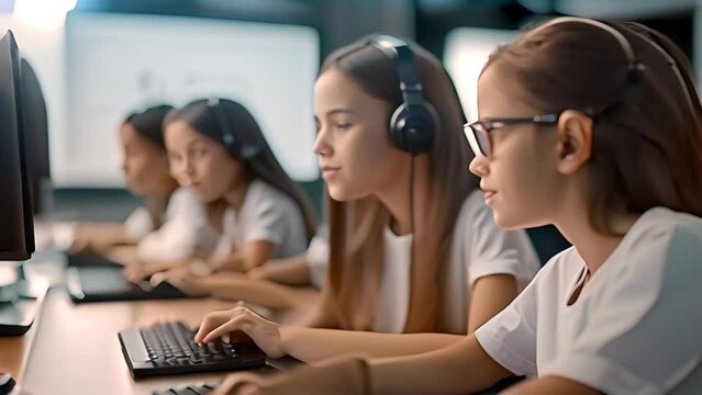 Young Girls Sitting at a Computer Generative AI
