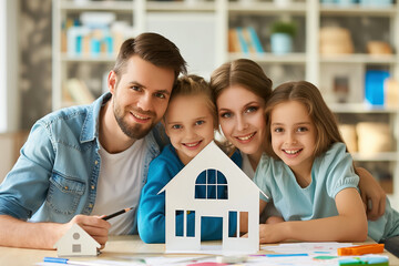 Smiling family with parents and two young daughters, showcasing a handmade paper house model, symbolizing concepts of real estate, mortgage, home investment, and family bonding in cozy indoor setting