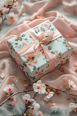 A rectangle gift box adorned with flowerpatterned paper and a pink ribbon