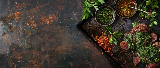 Top view of Argentinian entrana with chimichurri, using the rule of thirds, with ample copy space, tender and flavorful, high-quality image