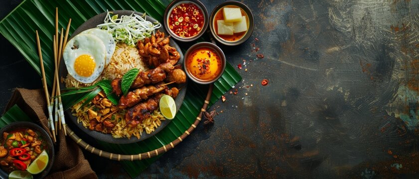 Top view of a rich Indonesian meal including nasi goreng, satay, and gado-gado, using the rule of thirds, with ample copy space