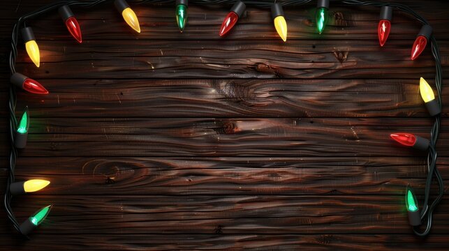 Glowing Magic: Christmas Lights Illuminating Wooden Background