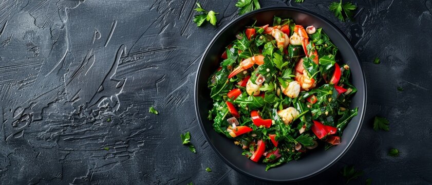 Top view of Caribbean callaloo with crab, using the rule of thirds, with ample copy space, creamy and savory, high-quality image