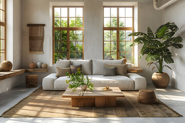 Contemporary modern living room cozy interior with real wood hardware edge slab coffee table