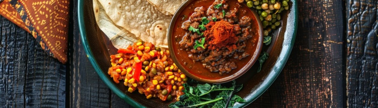 Top view of Ethiopian tibs with injera, using the rule of thirds, with ample copy space