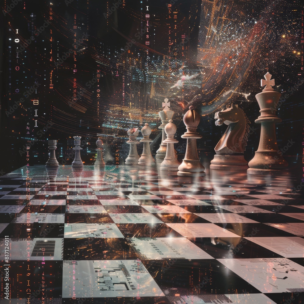 Poster infinite digital chessboard transformation - a conceptual art representation