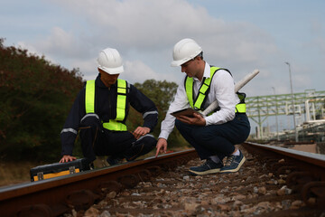 Two male Railway engineers inspect the specifications of the rails with a blueprint and toolbox at...