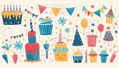 A set of colorful birthday decorations with cupcakes , balloons , candles , hats and confetti