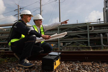 Two male Railway engineers inspect the specifications of the rails with a blueprint and toolbox at the Construction site on the railway. Engineer working on railway depot maintenance