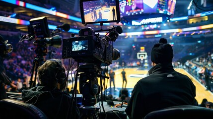 Behind-the-Scenes at a Live Basketball Broadcast in a Bustling Arena