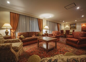A warm living room with comfortable sofas, armchairs and a coffee table, illuminated ceiling lights, carpeted floor, drapes closed on the windows, creating an inviting atmosphere