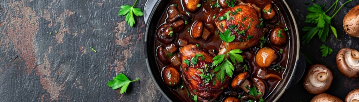 Top view of French coq au vin with mushrooms, using the rule of thirds, with ample copy space, rich and savory, high-quality image
