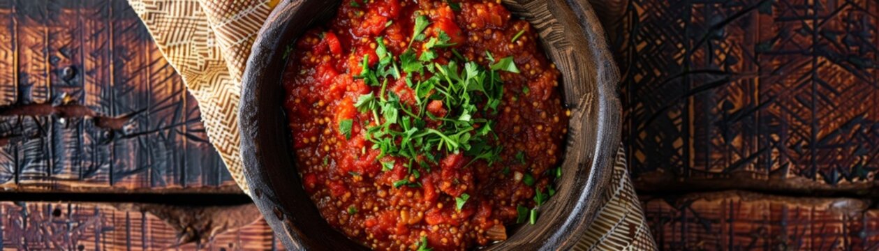 Top view of Ethiopian shiro with injera, using the rule of thirds, with ample copy space, spicy and rich, high-quality image