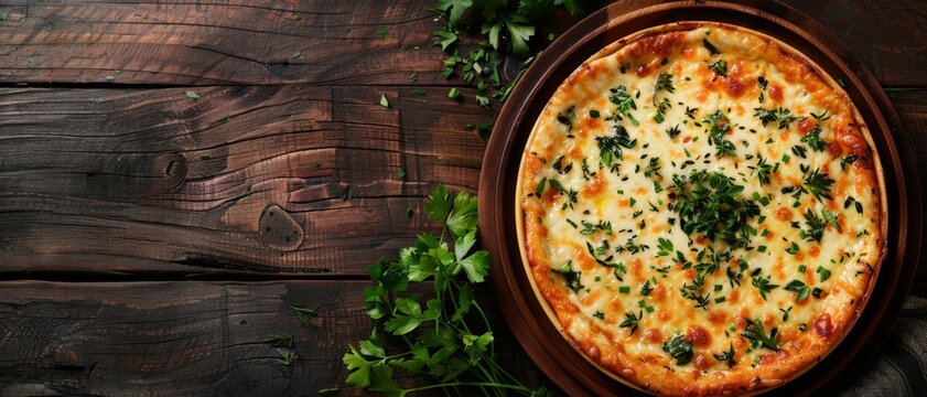 Top view of Argentinian provoleta with herbs, using the rule of thirds, with ample copy space, cheesy and savory, high-quality image