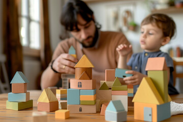 Father and son building with colorful wooden blocks together