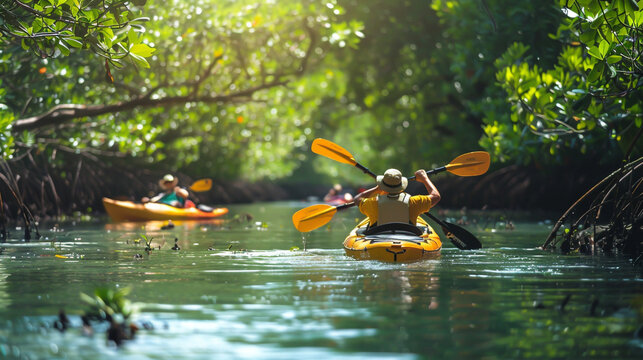 Kayakers navigating dense mangrove foliage during peak tide.