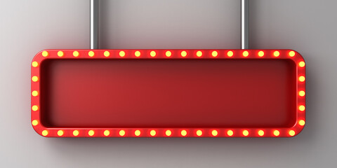 Hanging blank red long sign banner or retro billboard display box or blank long red signboard with glowing yellow neon light bulbs isolated on dark white wall background with shadow 3D rendering