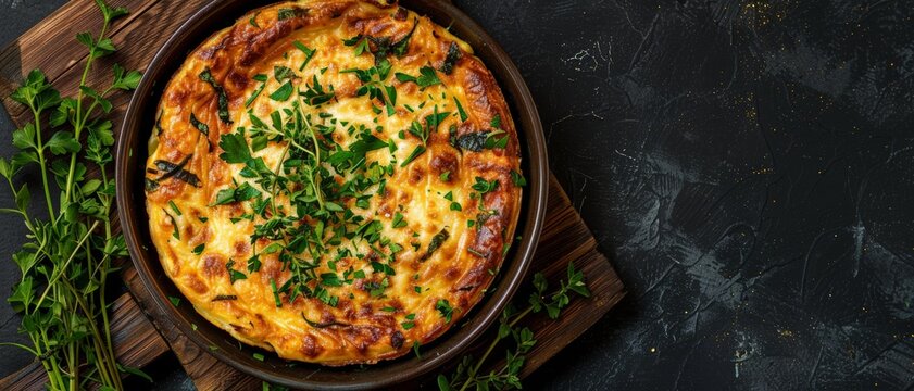 Top view of Argentinian provoleta with herbs, using the rule of thirds, with ample copy space, cheesy and savory, high-quality image