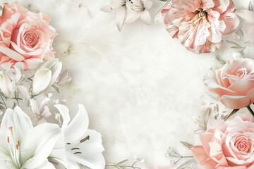 Delicate Romantic Floral Wedding Invitation with Roses, Peonies, and Lilies - Pastel Watercolor Illustration