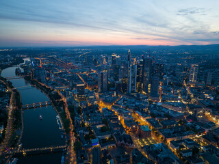 Aerial drone view on the skyline of Frankfurt am Main, Hessen, Germany at night. High rise...