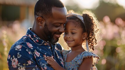 black father with daughter on flower field