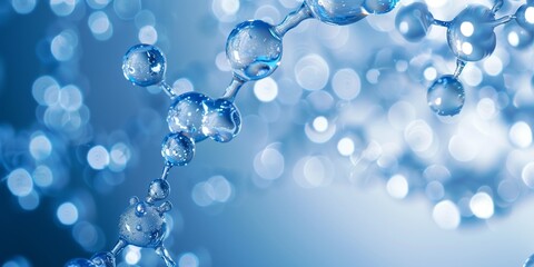 Scientific, digital art, blue background with water molecules in the foreground, perfect for educational or scientific presentations, vibrant and detailed.