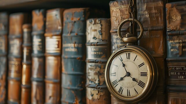 Vintage clock hanging on a chain on the background of old books.