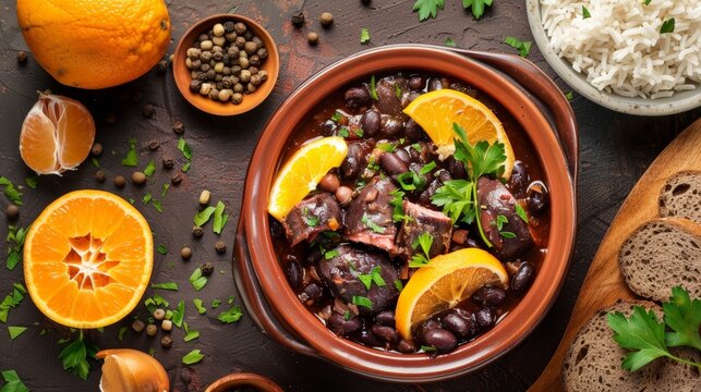 Top view of Brazilian feijoada with oranges, using the rule of thirds, with ample copy space, rich and hearty, high-quality image