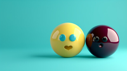 A minimalist 3D  of a yellow heart-eyed emoji next to a burgundy rolling-eyes emoji, both on a solid turquoise background, contrasting adoration and indifference.