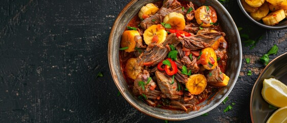 Top view of Cuban ropa vieja with plantains, using the rule of thirds, with ample copy space, savory and hearty, high-quality image