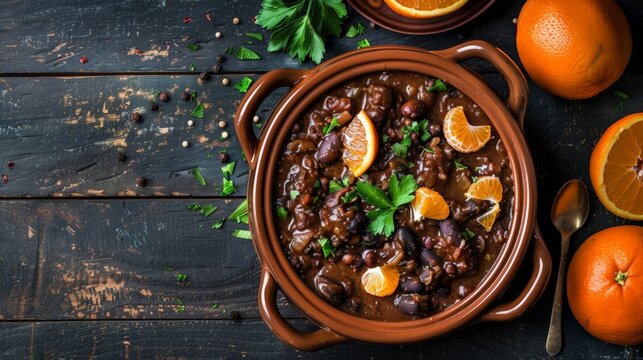Top view of Brazilian feijoada with oranges, using the rule of thirds, with ample copy space, rich and hearty, high-quality image
