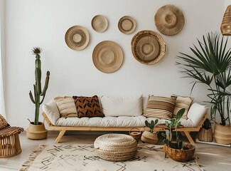 A white wall decorated with woven baskets, cacti and palm leaves in pots on the floor, 