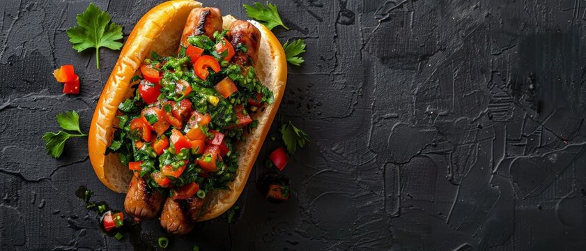 Top view of Argentinian choripan with chimichurri, using the rule of thirds, with ample copy space, zesty and hearty, high-quality image