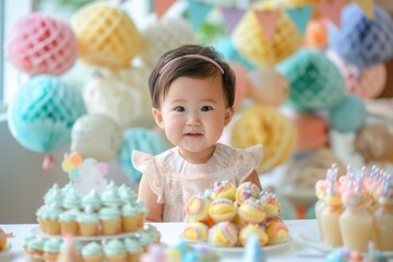 Fototapeta premium A toddler smiles happily at a table decorated with cupcakes and balloons