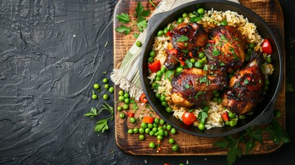 Top view of Caribbean jerk chicken with rice and peas, using the rule of thirds, with ample copy space