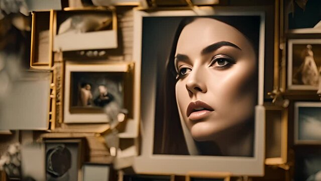 Womans Face Surrounded by Framed Pictures Generative AI