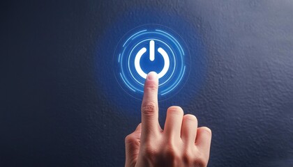 Close-up of a finger pressing a glowing blue power button on a dark background