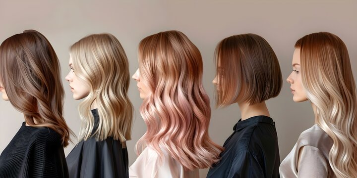 Assortment of womens hairstyles in pink straight wavy and bobcut styles. Concept Women's Hairstyles, Pink Hair, Straight Hair, Wavy Hair, Bobcut