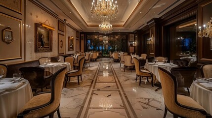 A sophisticated dining room in a fancy restaurant with elegant decor, lavish furniture, and ambient lighting, set for a fine dining experience.