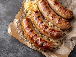 Top view of German bratwurst with sauerkraut, using the rule of thirds, with ample copy space