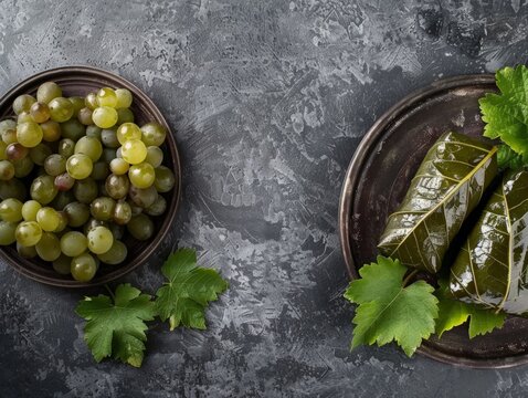 Top view of Egyptian stuffed grape leaves, using the rule of thirds, with ample copy space