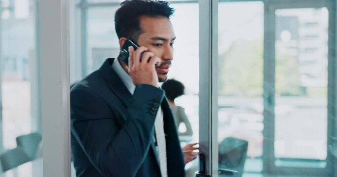 Man, phone call and stress in office for mistake, error and consultant for bankruptcy news. Male person, frustrated and leave meeting for negotiation dispute, anxiety and worry for fail or crisis