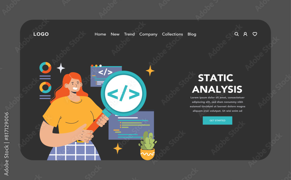 Aufkleber software testing web banner or landing page dark or night mode.