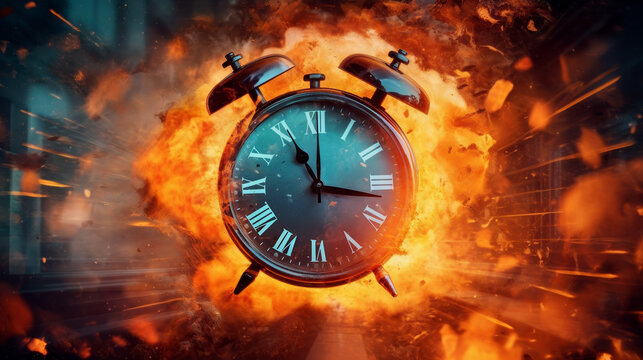 Running after time, alarm clock burning in fire, exploding rush hour, deadline pressure, urgency