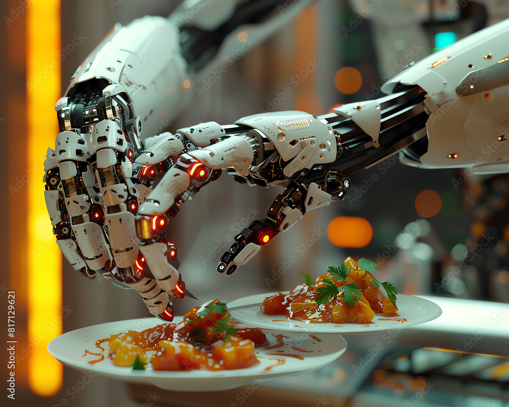Poster capture a low-angle view of a futuristic robotic chef skillfully preparing a gourmet dish with preci
