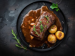 Top view of German rouladen with gravy, using the rule of thirds, with ample copy space, hearty and savory, high-quality image