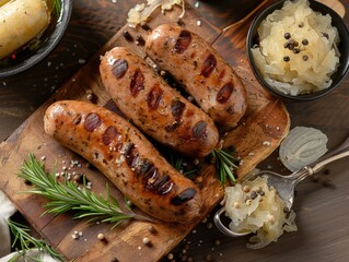 Top view of German bratwurst with sauerkraut, using the rule of thirds, with ample copy space
