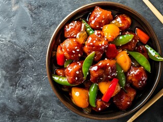 Top view of Chinese sweet and sour pork, using the rule of thirds, with ample copy space