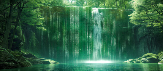 Majestic Green Waterfall with Flowing Digital Code in Serene Forest - Futuristic Nature, Cyber-Fantasy Concept, Digital Art, Innovative Wallpaper Screensaver, Nature-Tech Fusion