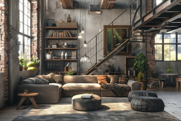 Living room interior in loft industrial style 3d render